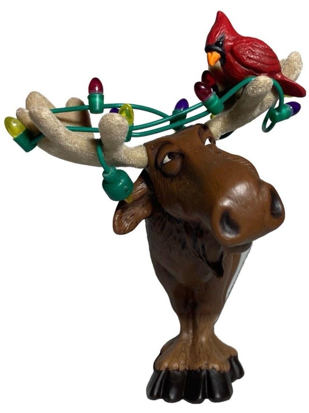 2000 Moose Merry Christmas Festive Red Cardinal and Brown Moose Antler Figurine